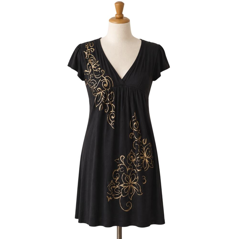 Vintage 90s/Y2K Cache Mini Dress Babydoll Black Gold V-Neck Size Medium